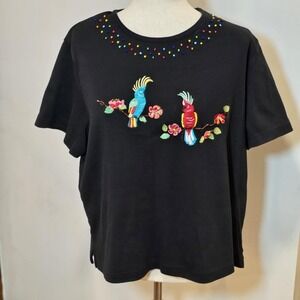 Black Rainbow Vintage 90s Beach Shirt Top Parrots Beaded Birds Breckenridge XL